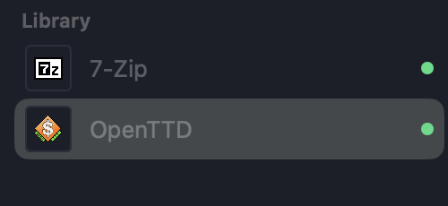 The library sidebar listing 7-Zip and OpenTTD, each with a green ready dot.
