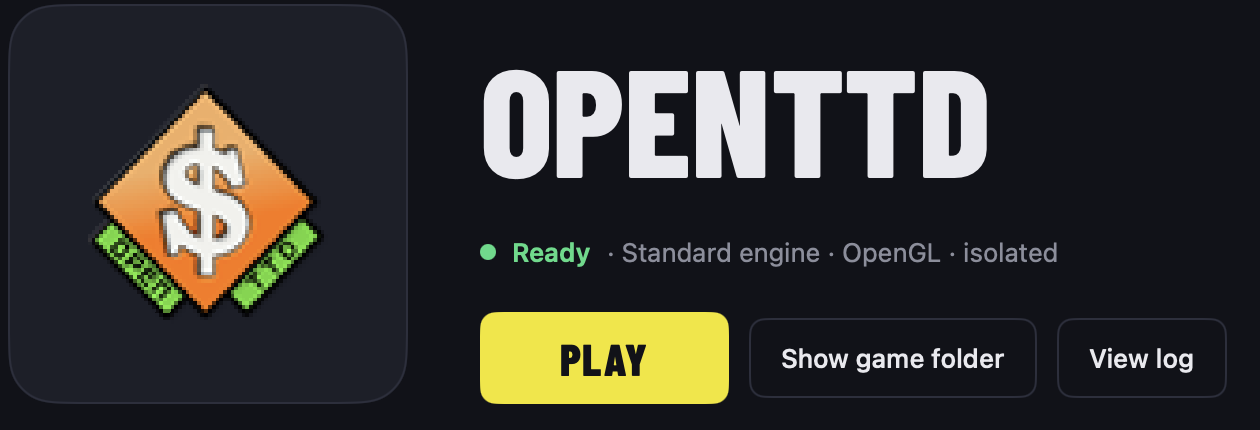 OpenTTD in Lan House: status Ready, Standard engine, OpenGL, isolated, with a yellow Play button.